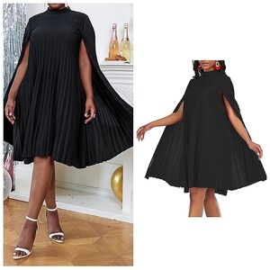 Women's Stand Collar Pleated Cape Sleeve Loose Knee Length Dress